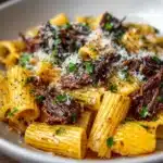 Garlic Butter Steak Tips with Cheesy Rigatoni Recipe