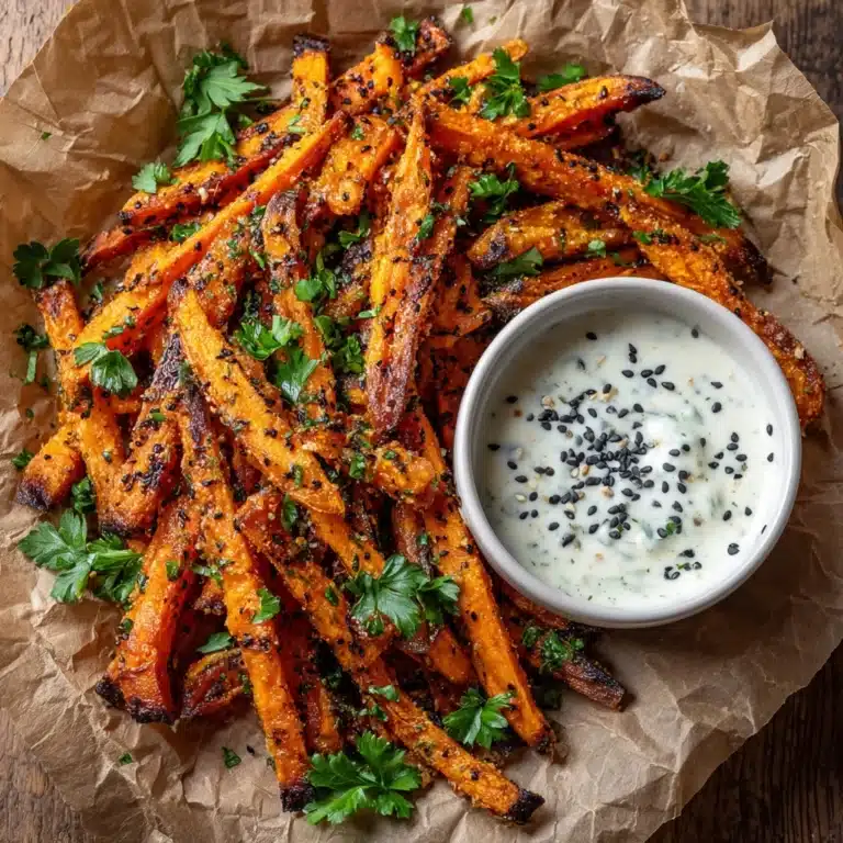 Crispy Baked Sweet Potato Fries with Roasted Garlic Tahini Yogurt Dip Recipe