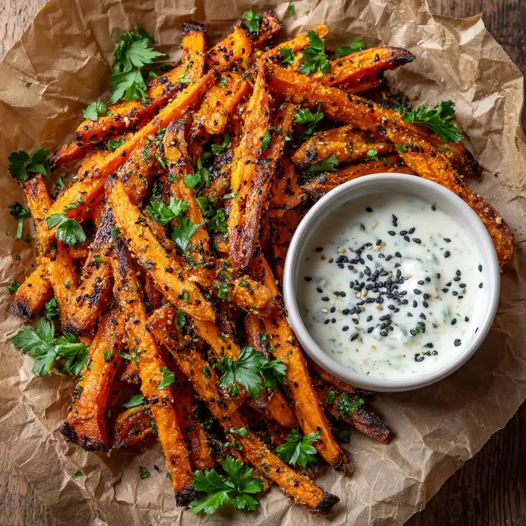 Crispy Baked Sweet Potato Fries with Roasted Garlic Tahini Yogurt Dip Recipe - Recipe Image