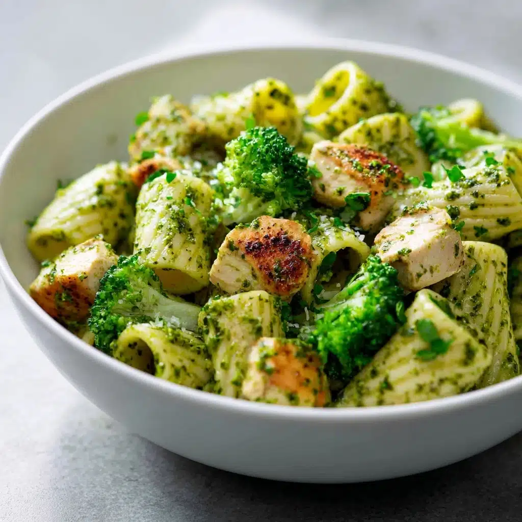 One Pan Creamy Pesto Chicken & Broccoli Pasta Recipe - Recipe Image