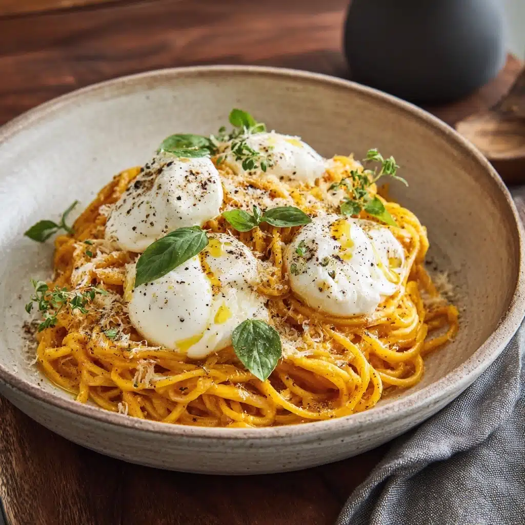 Creamy Red Pepper Pasta with Burrata & Herbs Recipe - Recipe Image