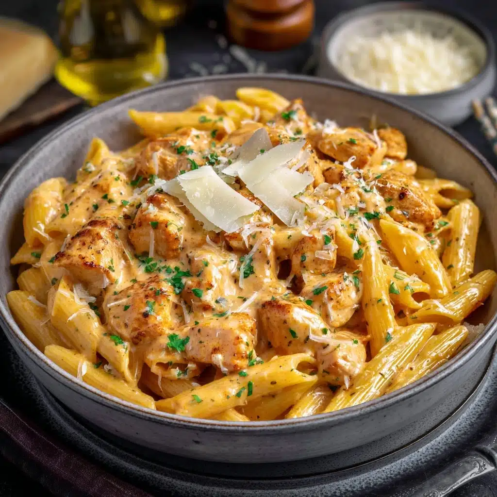 Creamy Garlic Butter Chicken and Rigatoni in Parmesan Sauce Recipe - Recipe Image