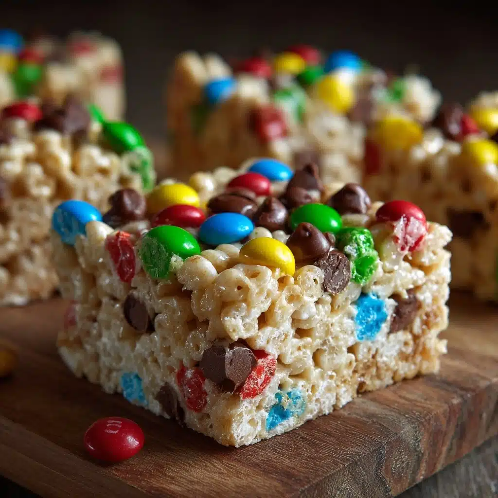 Peanut Butter Rice Krispie Treats with M\&M’s and Chocolate Chips Recipe - Recipe Image