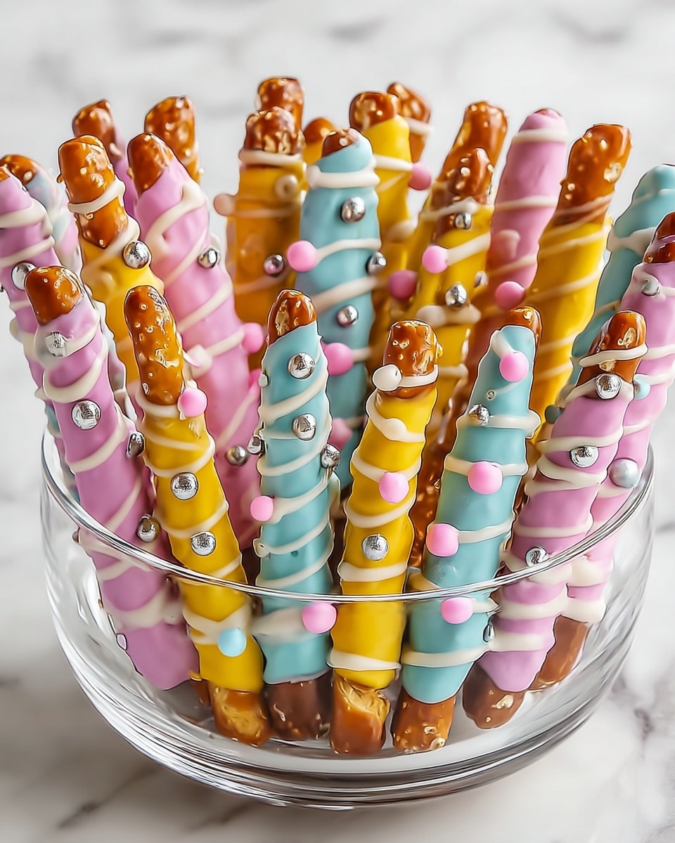 Easter Pretzel Rods with White Chocolate and Pastel M&Ms Recipe - Recipe Image