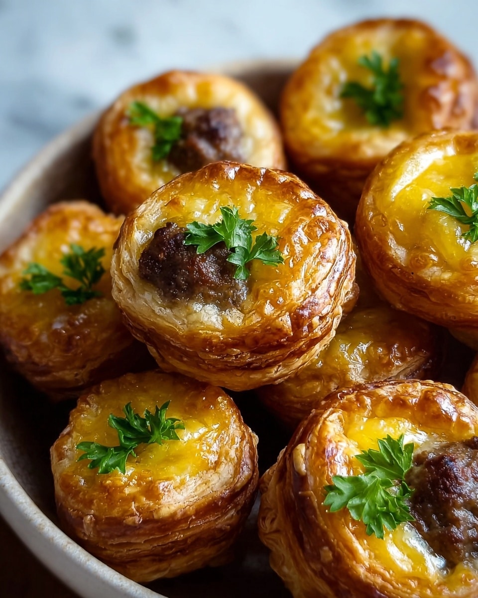 Sausage Roll Muffins with Cheddar, Vegetables, and Chive garnish Recipe - Recipe Image