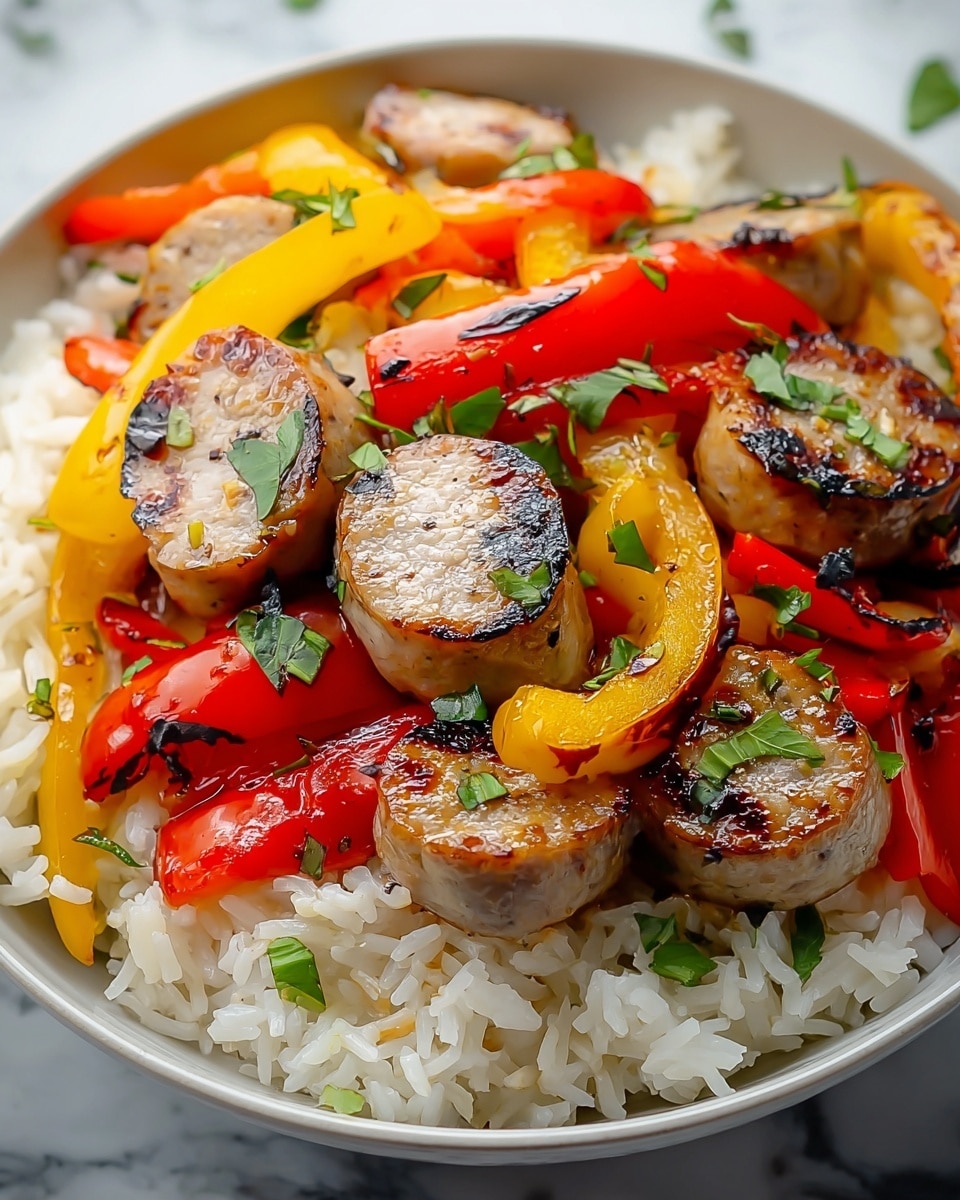 Sausage, Onion, Bell Peppers & Tomatoes over Rice Recipe - Recipe Image