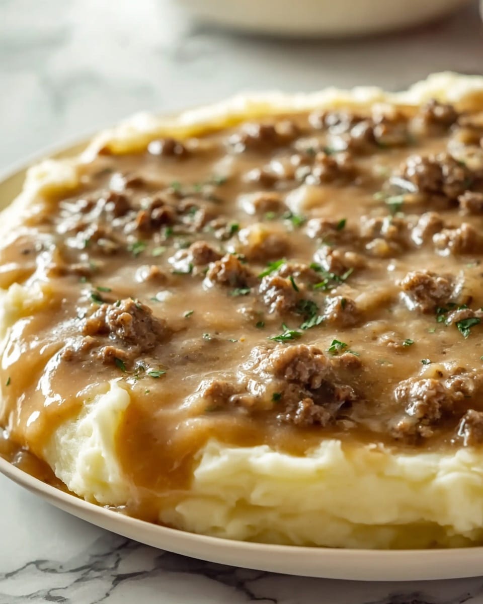 Ground Beef and Gravy Over Mashed Potatoes Recipe - Recipe Image