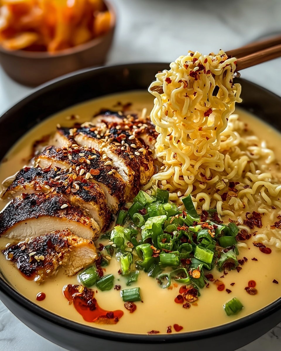 Fiery Chicken Ramen with Creamy Garlic Sauce Recipe - Recipe Image