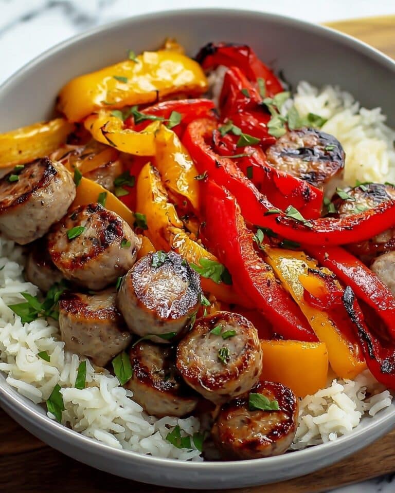 Sausage, Onion, Bell Peppers & Tomatoes over Rice Recipe