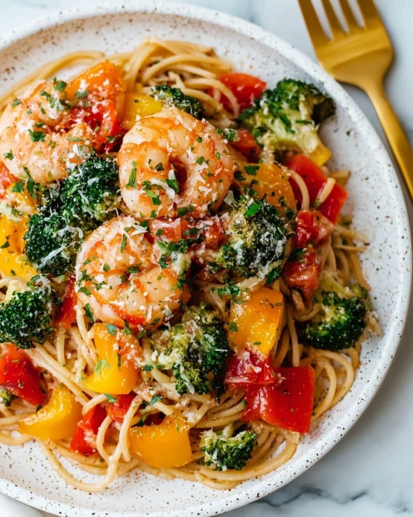 Spicy Shrimp Pasta with Broccoli and Bell Peppers Recipe