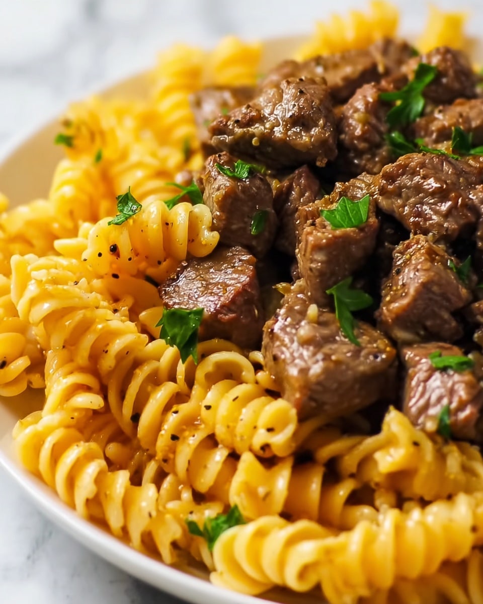 Cheesy Steak Bites and Rotini Pasta Recipe - Recipe Image