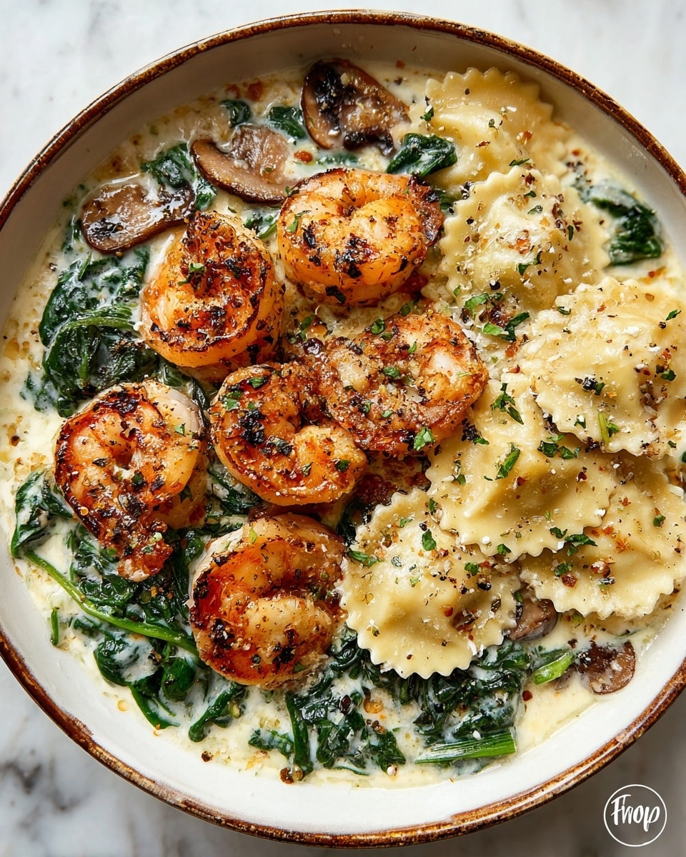 Seafood Ravioli with Spinach, Mushrooms, and Garlic Cream Sauce Recipe - Recipe Image