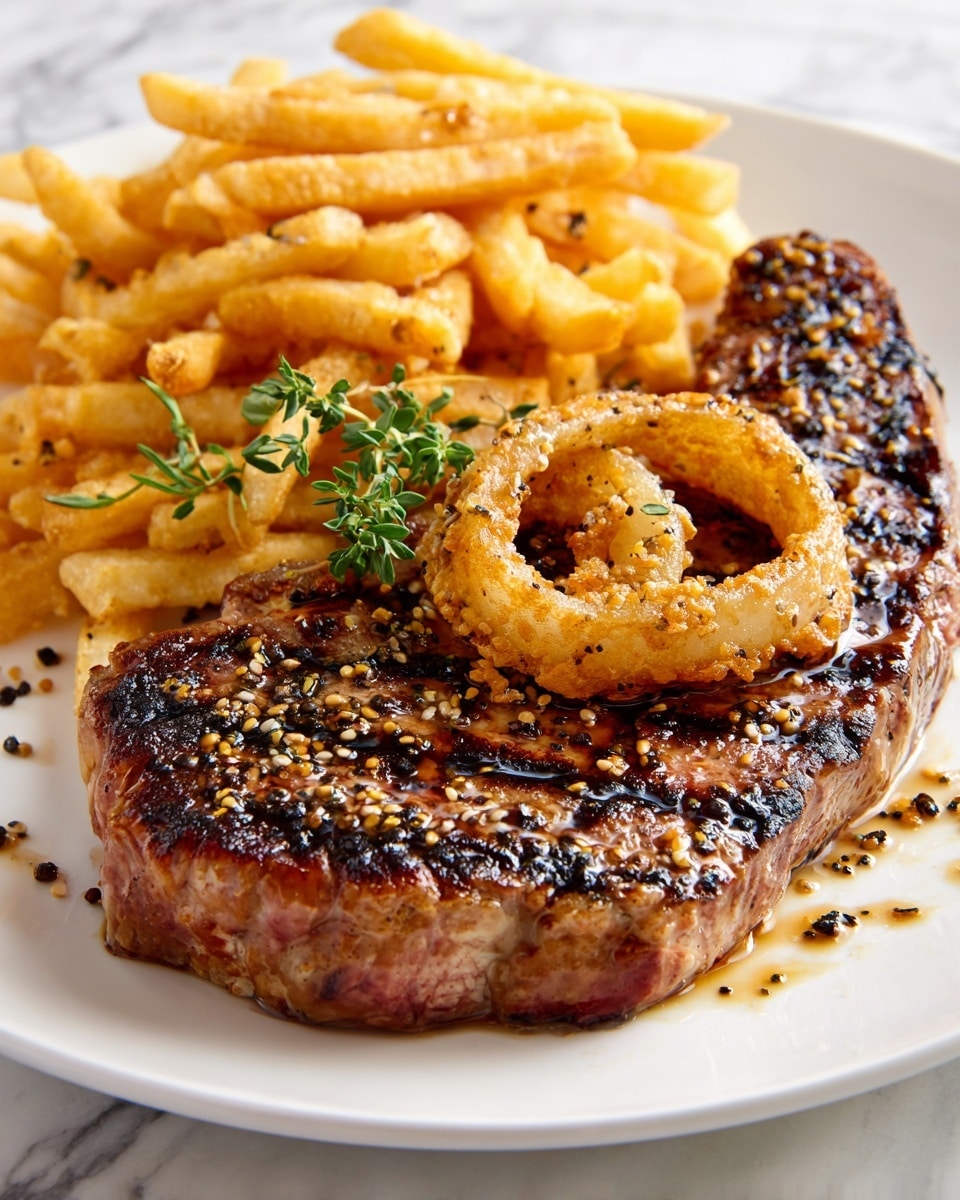 Ribeye Steak with Caramelized Onions and Crispy French Fries Recipe - Recipe Image