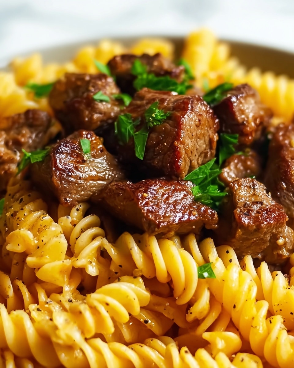 Cheesy Steak Bites and Rotini Pasta Recipe - Recipe Image