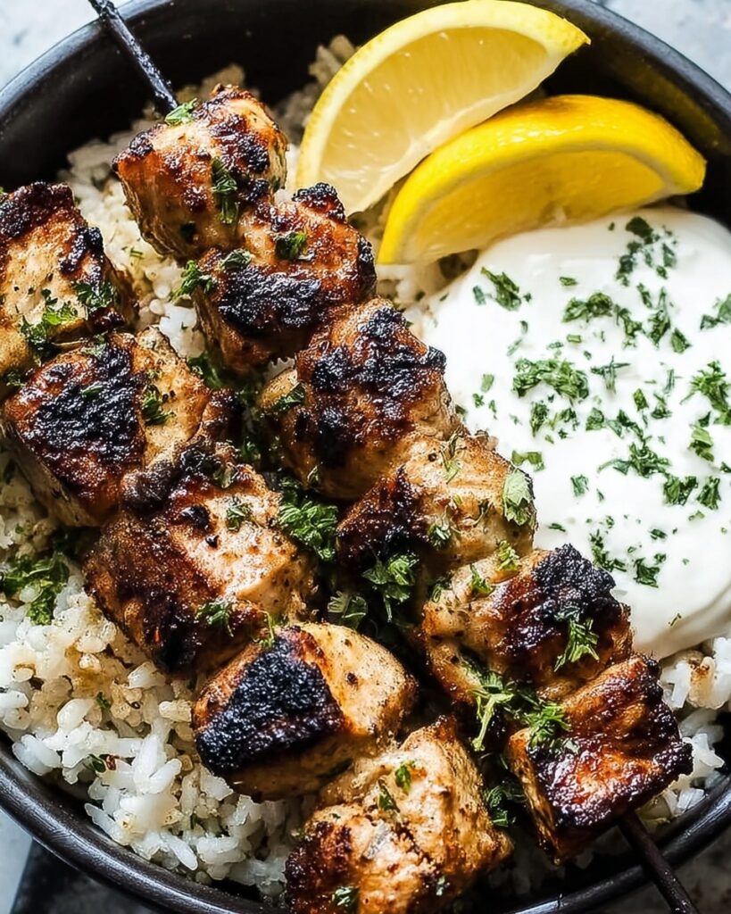 Greek Chicken Skewers with Lemon Rice Recipe