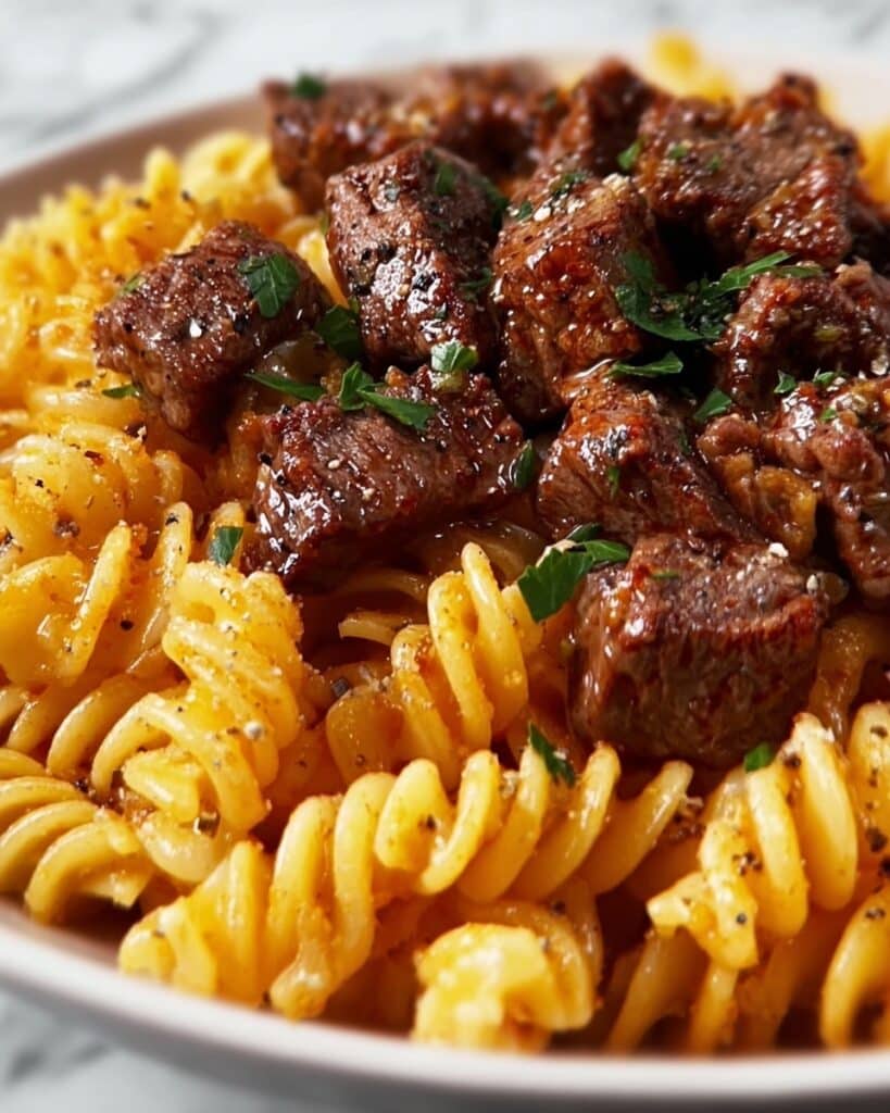 Cheesy Steak Bites and Rotini Pasta Recipe