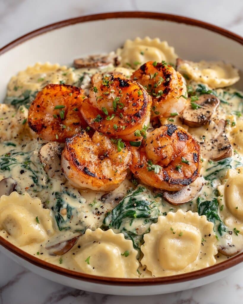 Seafood Ravioli with Spinach, Mushrooms, and Garlic Cream Sauce Recipe