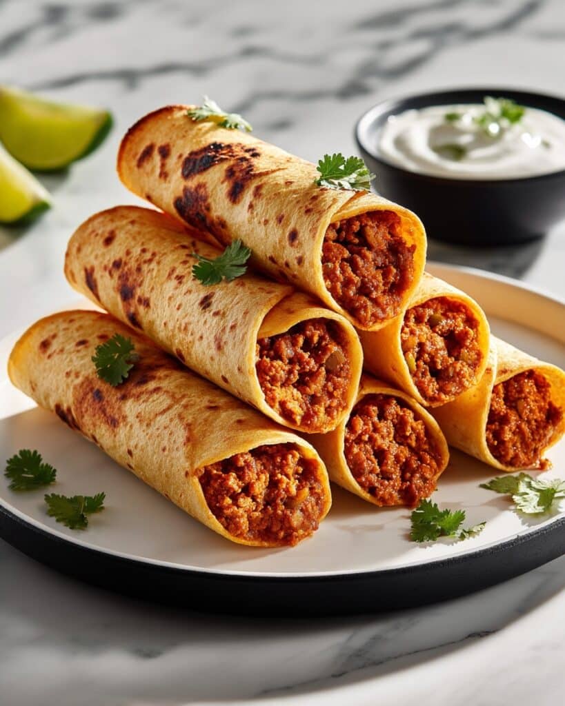 Bean & Cheese Taquitos with Green Chile Sour Cream Sauce Recipe