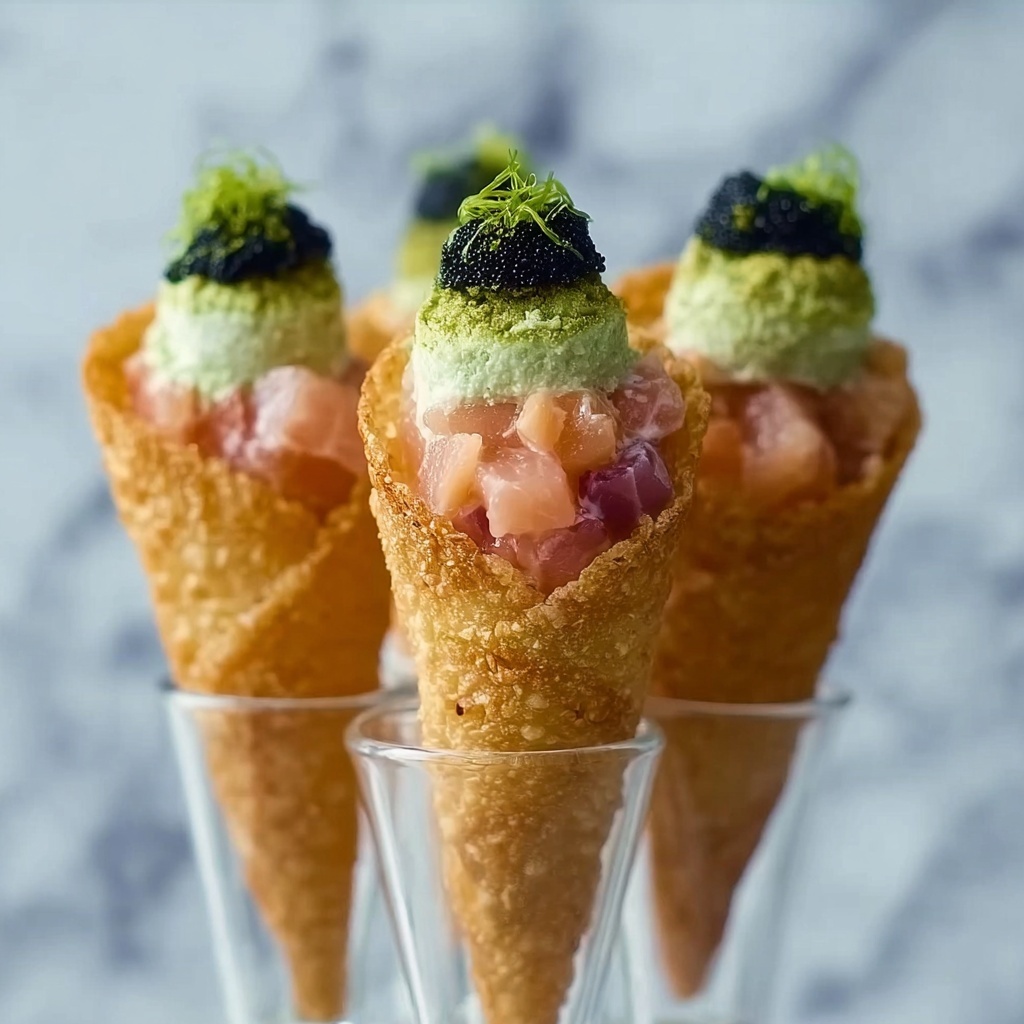 Crispy Sushi Wonton Cones with Shrimp, Avocado, and Cucumber Recipe - Recipe Image