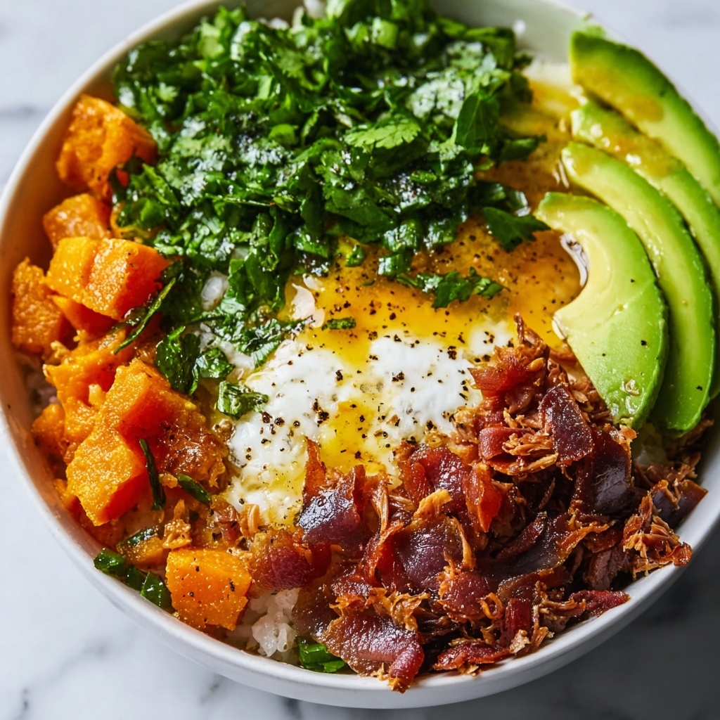 Tofu and Ground Beef Bowl with Roasted Sweet Potatoes, Cottage Cheese, and Hot Honey Recipe - Recipe Image