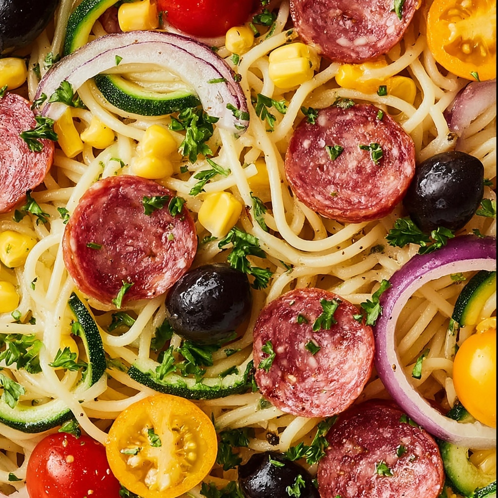 Spaghetti Salad with Fresh Vegetables, Salami, and Italian Dressing Recipe - Recipe Image