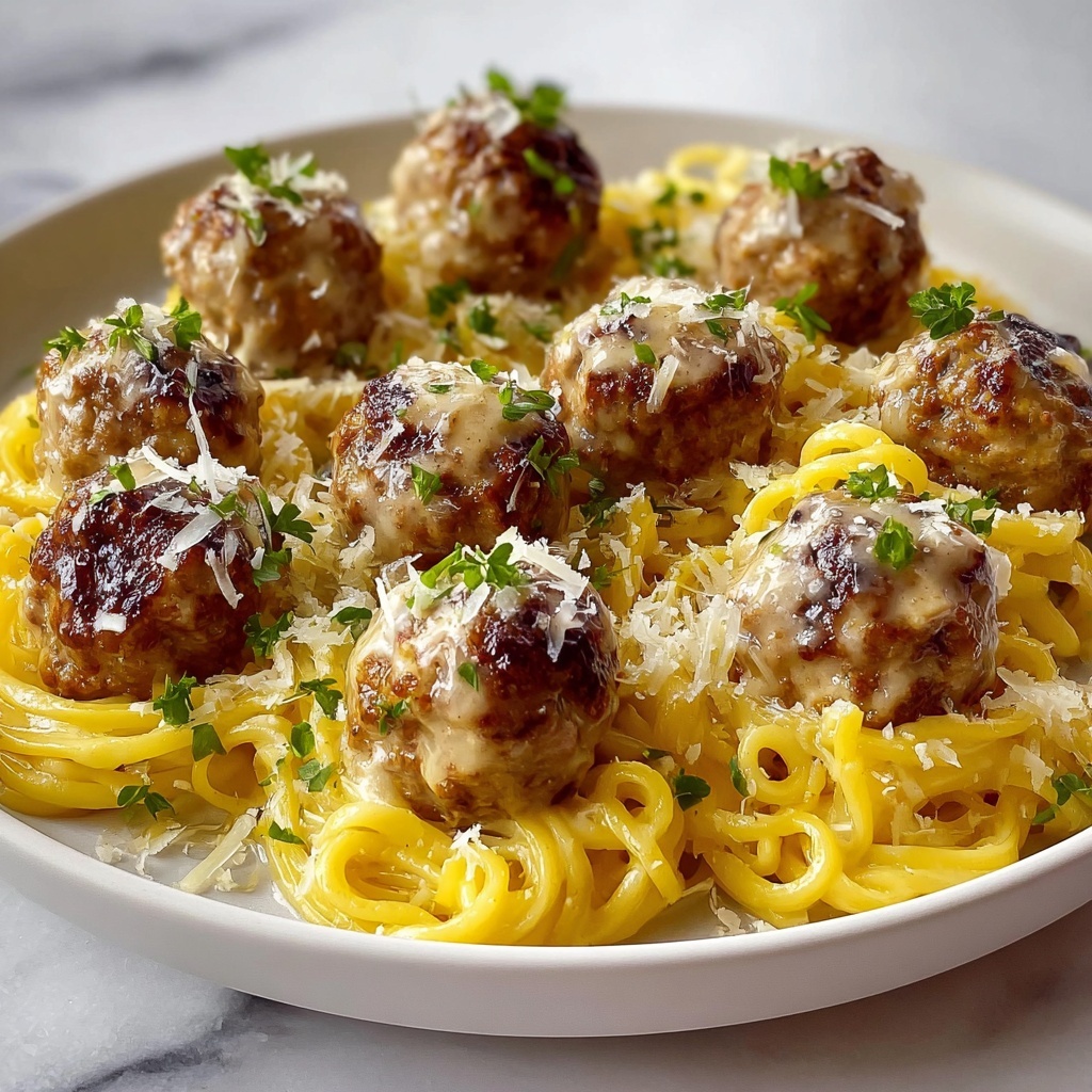 Easy Garlic Butter Meatballs Served Over Creamy Parmesan Linguine Recipe - Recipe Image