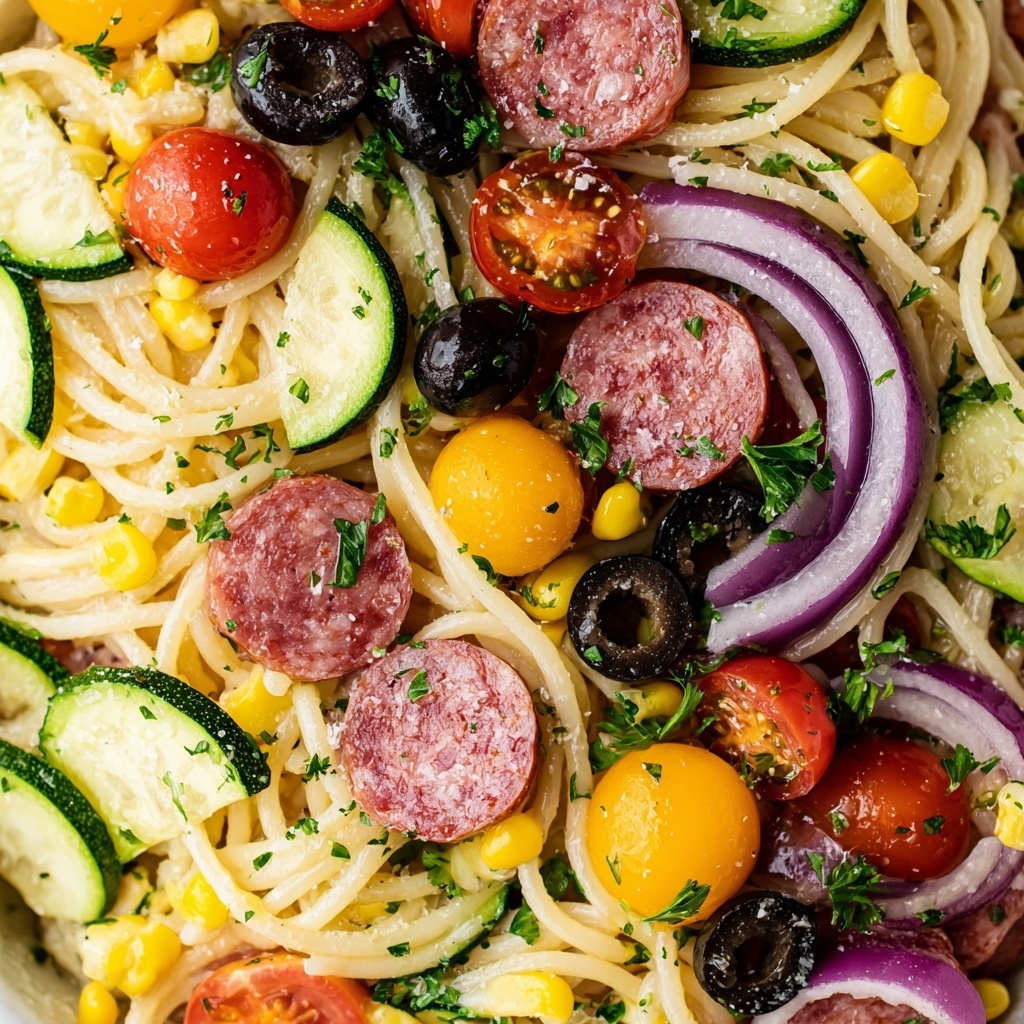 Spaghetti Salad with Fresh Vegetables, Salami, and Italian Dressing Recipe - Recipe Image