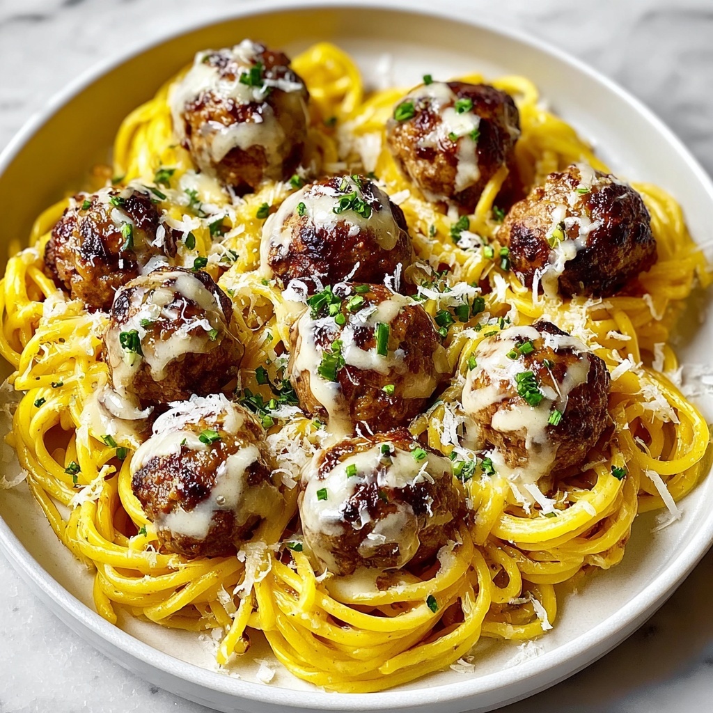 Easy Garlic Butter Meatballs Served Over Creamy Parmesan Linguine Recipe - Recipe Image