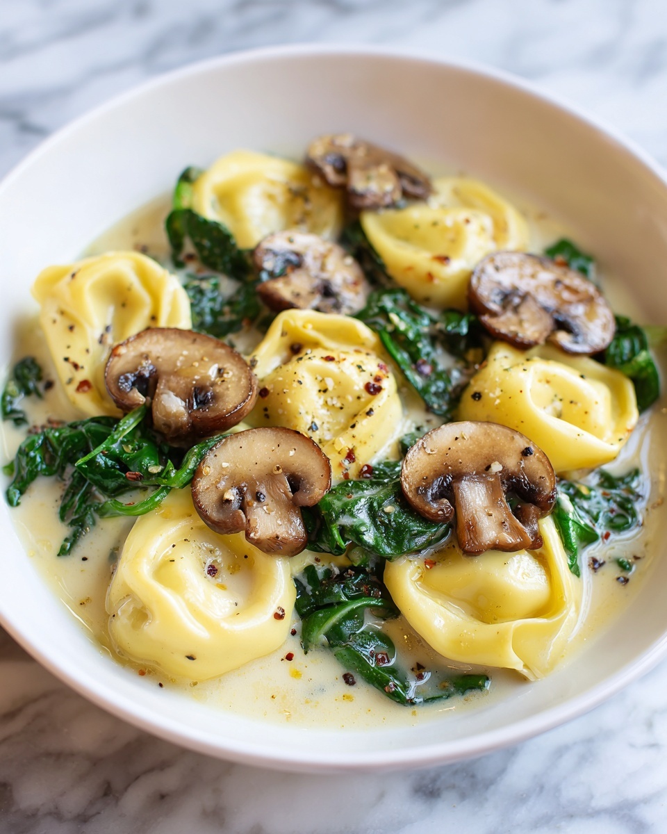 Creamy Spinach Mushroom Tortellini with Caramelized Onions Recipe - Recipe Image