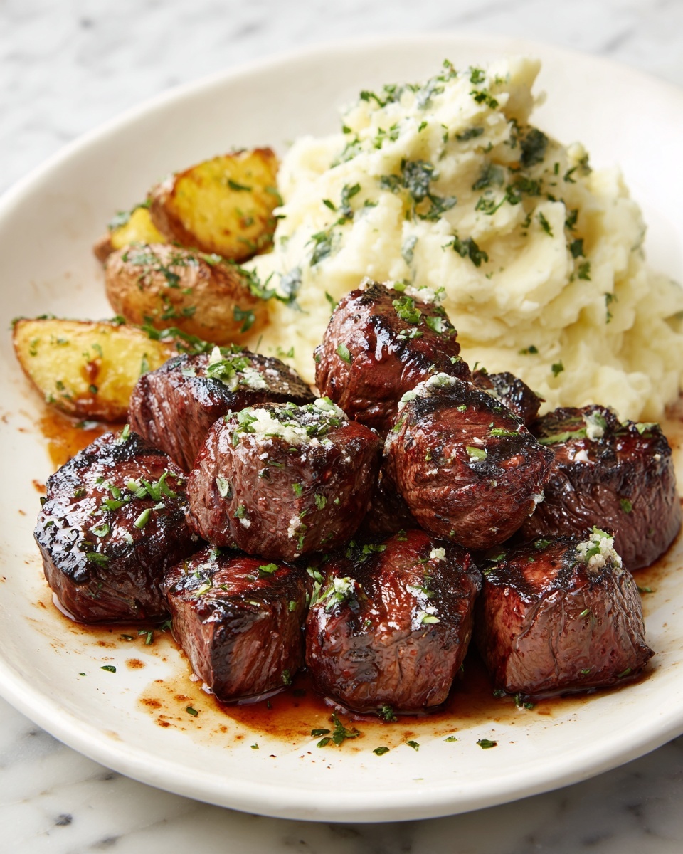 Garlic Butter Steak Bites with Cheesy Smashed Potatoes Recipe - Recipe Image