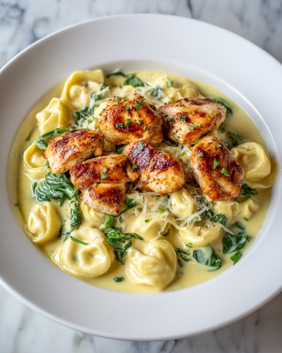 Cheesy Garlic Parmesan Chicken Tortellini with Spinach in Creamy Sauce Recipe - Recipe Image