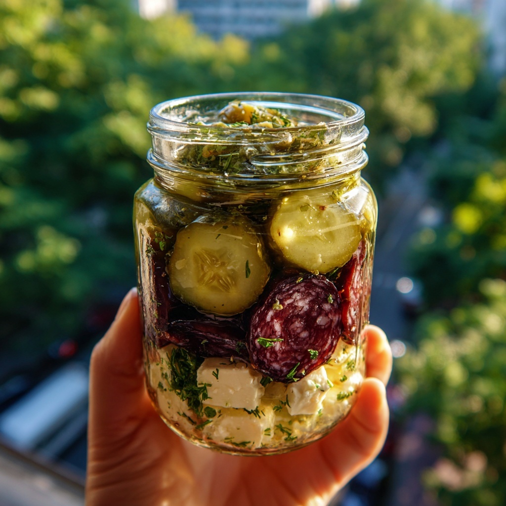 Easy Marinated Cheese Appetizer with Salami & Pickles Recipe - Recipe Image